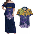 Personalized Melbourne Storm Couples Matching Off Shoulder Maxi Dress and Hawaiian Shirt Polynesian Tribal Pattern Style