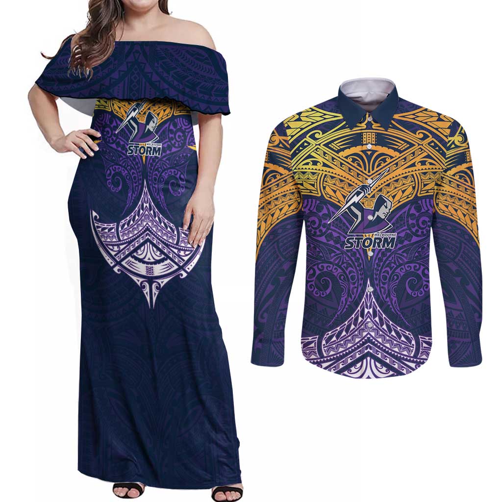 Personalized Melbourne Storm Couples Matching Off Shoulder Maxi Dress and Long Sleeve Button Shirt Polynesian Tribal Pattern Style