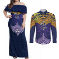 Personalized Melbourne Storm Couples Matching Off Shoulder Maxi Dress and Long Sleeve Button Shirt Polynesian Tribal Pattern Style