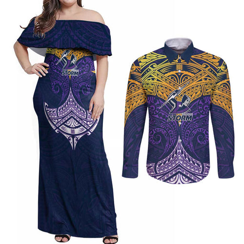 Personalized Melbourne Storm Couples Matching Off Shoulder Maxi Dress and Long Sleeve Button Shirt Polynesian Tribal Pattern Style