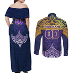 Personalized Melbourne Storm Couples Matching Off Shoulder Maxi Dress and Long Sleeve Button Shirt Polynesian Tribal Pattern Style