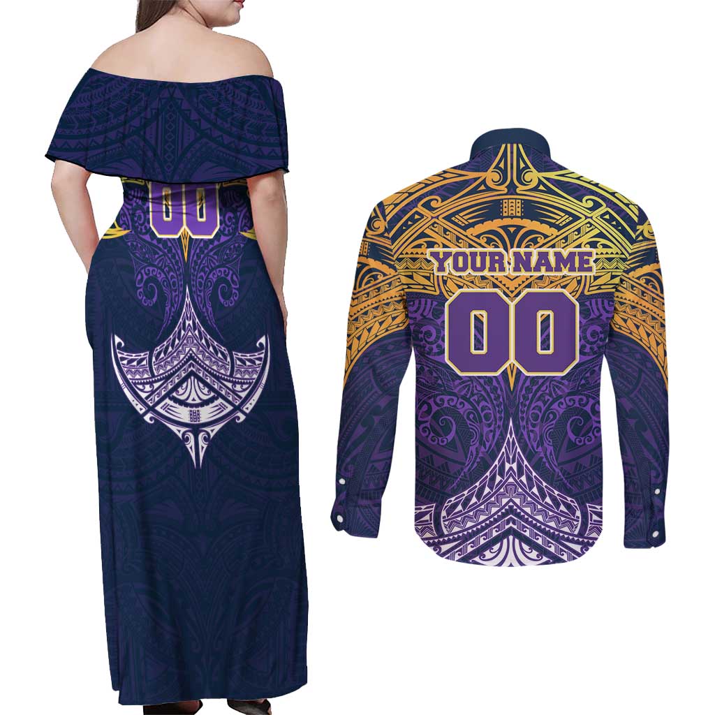 Personalized Melbourne Storm Couples Matching Off Shoulder Maxi Dress and Long Sleeve Button Shirt Polynesian Tribal Pattern Style