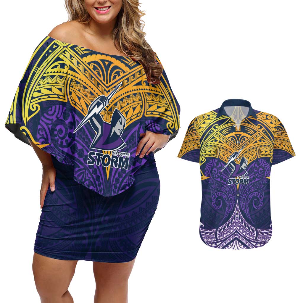 Personalized Melbourne Storm Couples Matching Off Shoulder Short Dress and Hawaiian Shirt Polynesian Tribal Pattern Style