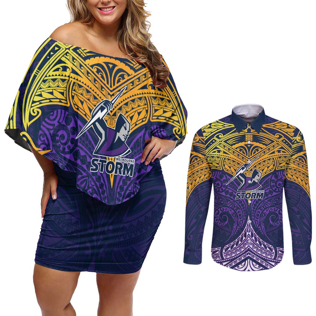 Personalized Melbourne Storm Couples Matching Off Shoulder Short Dress and Long Sleeve Button Shirt Polynesian Tribal Pattern Style