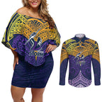 Personalized Melbourne Storm Couples Matching Off Shoulder Short Dress and Long Sleeve Button Shirt Polynesian Tribal Pattern Style