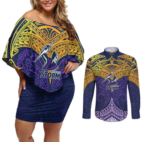 Personalized Melbourne Storm Couples Matching Off Shoulder Short Dress and Long Sleeve Button Shirt Polynesian Tribal Pattern Style