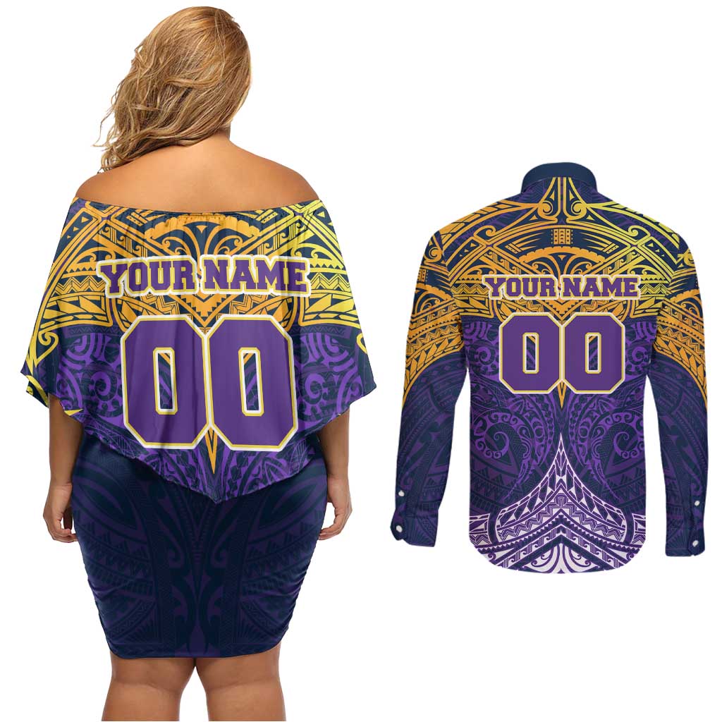 Personalized Melbourne Storm Couples Matching Off Shoulder Short Dress and Long Sleeve Button Shirt Polynesian Tribal Pattern Style