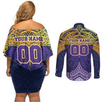 Personalized Melbourne Storm Couples Matching Off Shoulder Short Dress and Long Sleeve Button Shirt Polynesian Tribal Pattern Style