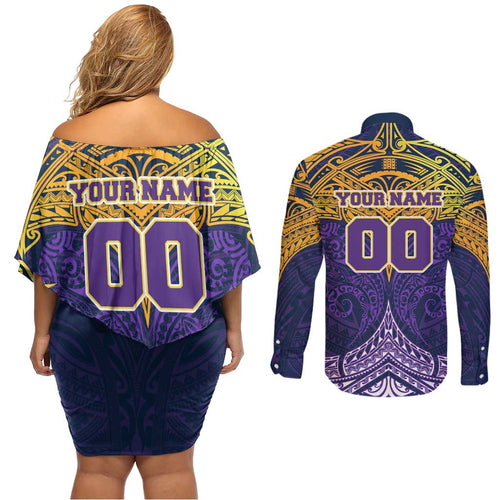 Personalized Melbourne Storm Couples Matching Off Shoulder Short Dress and Long Sleeve Button Shirt Polynesian Tribal Pattern Style