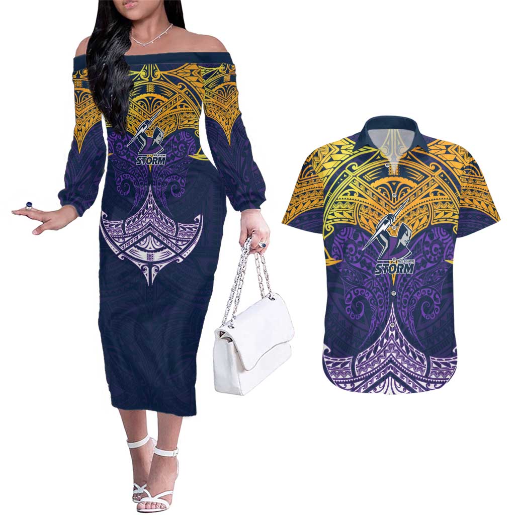 Personalized Melbourne Storm Couples Matching Off The Shoulder Long Sleeve Dress and Hawaiian Shirt Polynesian Tribal Pattern Style