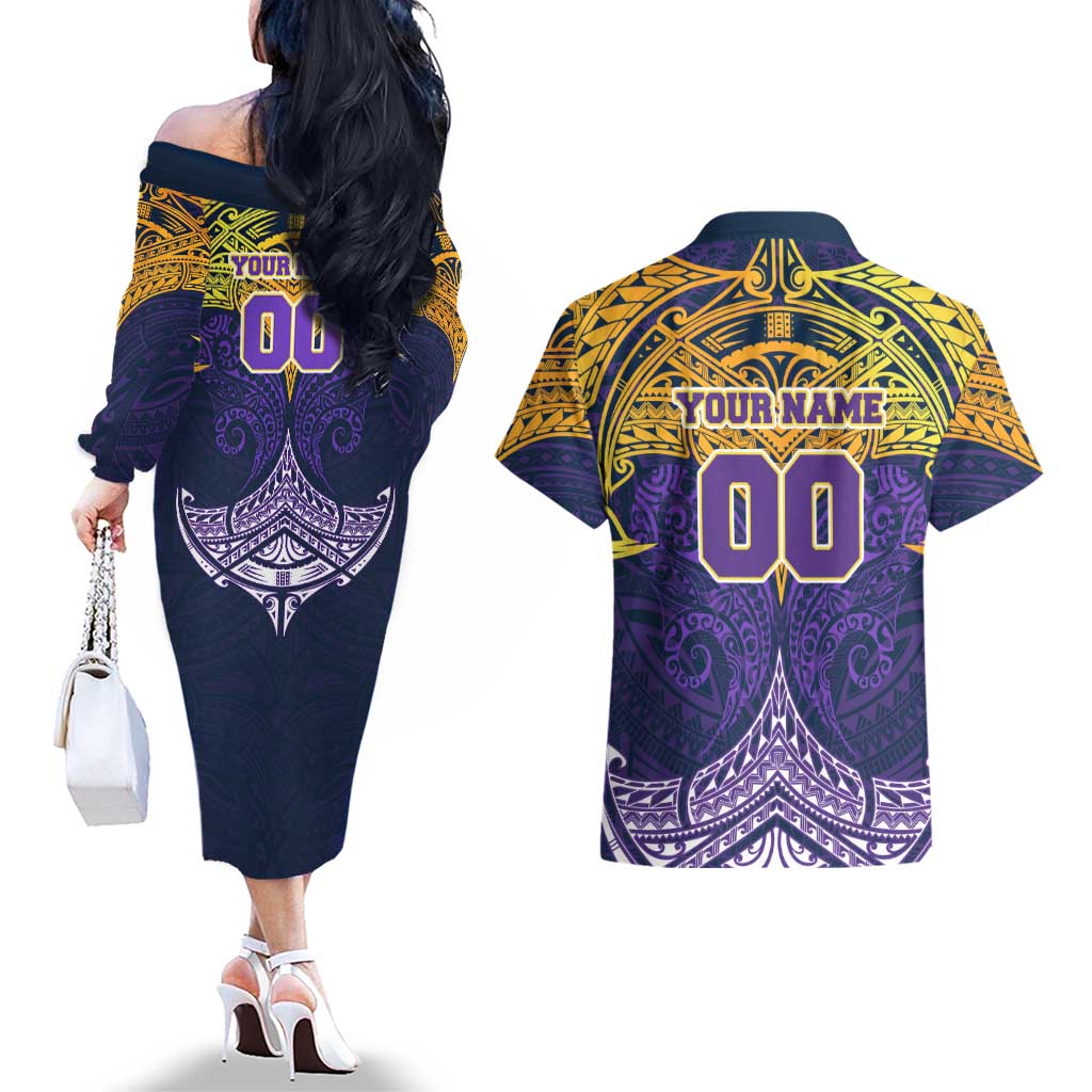 Personalized Melbourne Storm Couples Matching Off The Shoulder Long Sleeve Dress and Hawaiian Shirt Polynesian Tribal Pattern Style