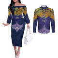 Personalized Melbourne Storm Couples Matching Off The Shoulder Long Sleeve Dress and Long Sleeve Button Shirt Polynesian Tribal Pattern Style