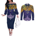 Personalized Melbourne Storm Couples Matching Off The Shoulder Long Sleeve Dress and Long Sleeve Button Shirt Polynesian Tribal Pattern Style
