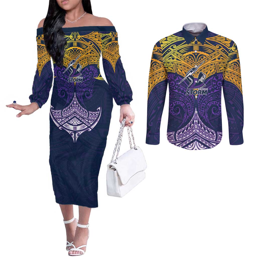 Personalized Melbourne Storm Couples Matching Off The Shoulder Long Sleeve Dress and Long Sleeve Button Shirt Polynesian Tribal Pattern Style
