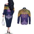 Personalized Melbourne Storm Couples Matching Off The Shoulder Long Sleeve Dress and Long Sleeve Button Shirt Polynesian Tribal Pattern Style