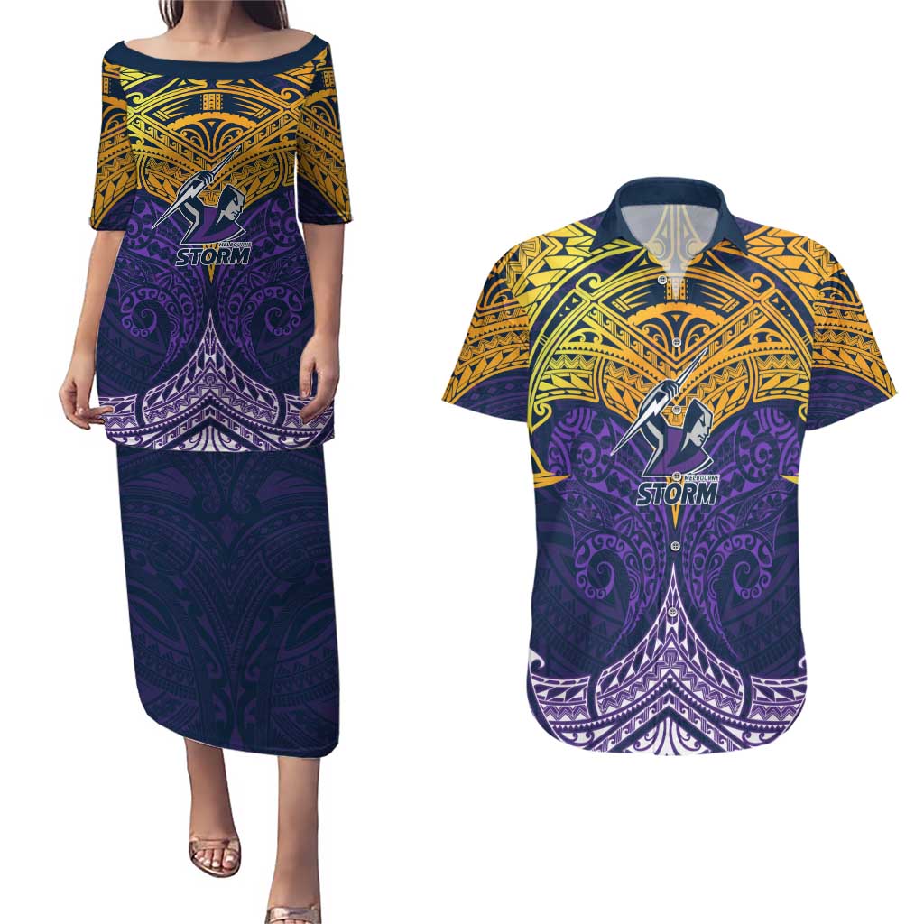 Personalized Melbourne Storm Couples Matching Puletasi and Hawaiian Shirt Polynesian Tribal Pattern Style