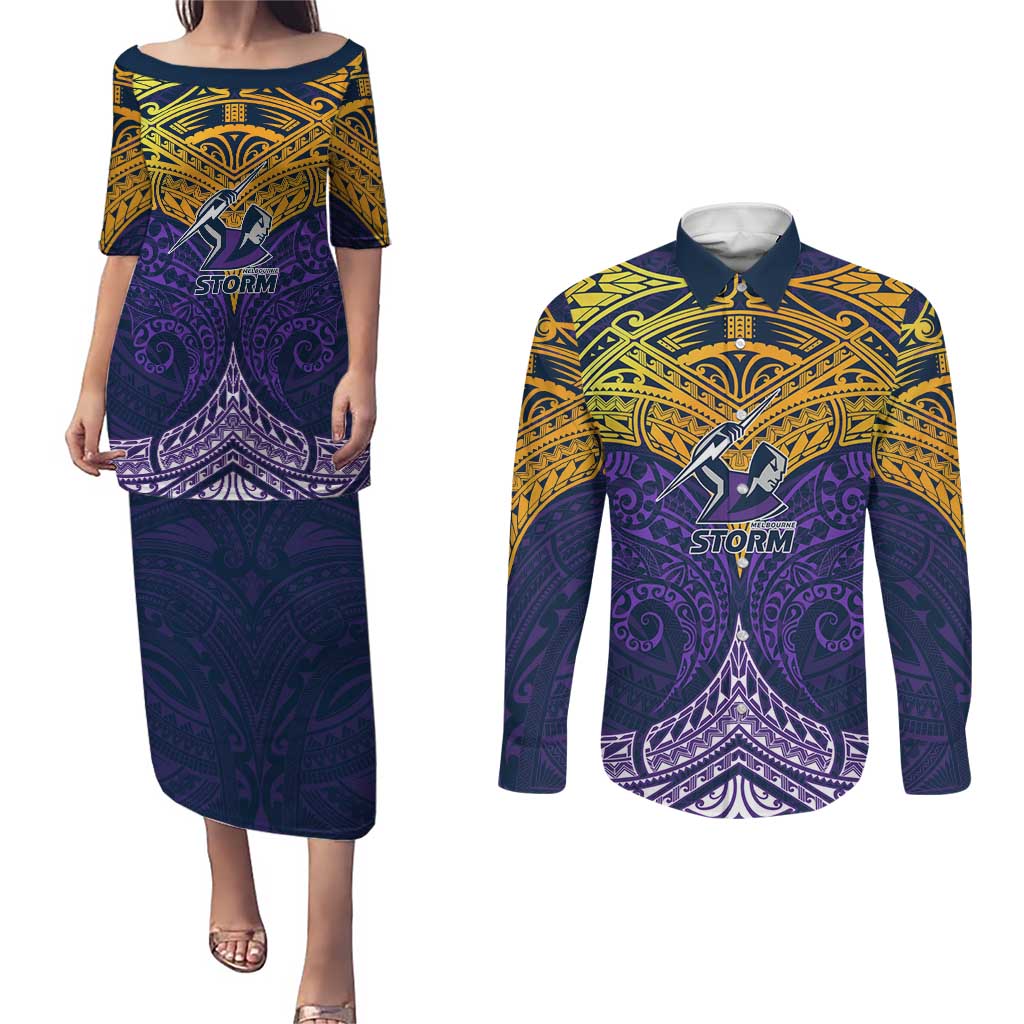 Personalized Melbourne Storm Couples Matching Puletasi and Long Sleeve Button Shirt Polynesian Tribal Pattern Style