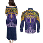 Personalized Melbourne Storm Couples Matching Puletasi and Long Sleeve Button Shirt Polynesian Tribal Pattern Style