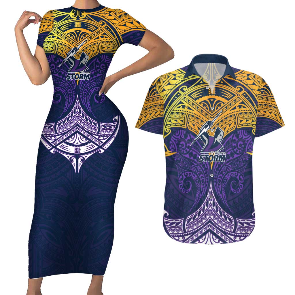Personalized Melbourne Storm Couples Matching Short Sleeve Bodycon Dress and Hawaiian Shirt Polynesian Tribal Pattern Style