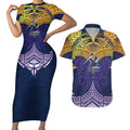 Personalized Melbourne Storm Couples Matching Short Sleeve Bodycon Dress and Hawaiian Shirt Polynesian Tribal Pattern Style