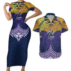 Personalized Melbourne Storm Couples Matching Short Sleeve Bodycon Dress and Hawaiian Shirt Polynesian Tribal Pattern Style