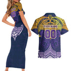 Personalized Melbourne Storm Couples Matching Short Sleeve Bodycon Dress and Hawaiian Shirt Polynesian Tribal Pattern Style