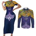 Personalized Melbourne Storm Couples Matching Short Sleeve Bodycon Dress and Long Sleeve Button Shirt Polynesian Tribal Pattern Style