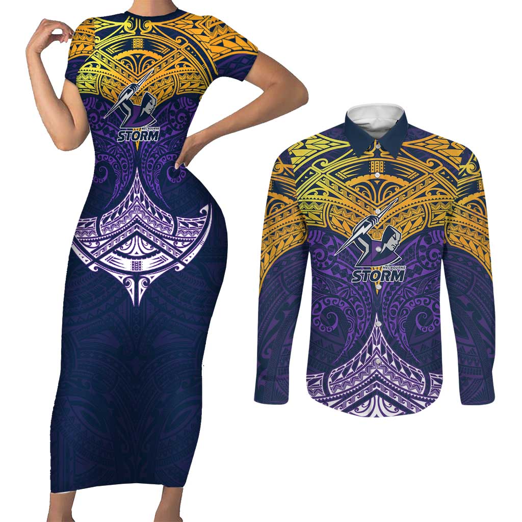 Personalized Melbourne Storm Couples Matching Short Sleeve Bodycon Dress and Long Sleeve Button Shirt Polynesian Tribal Pattern Style