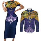 Personalized Melbourne Storm Couples Matching Short Sleeve Bodycon Dress and Long Sleeve Button Shirt Polynesian Tribal Pattern Style
