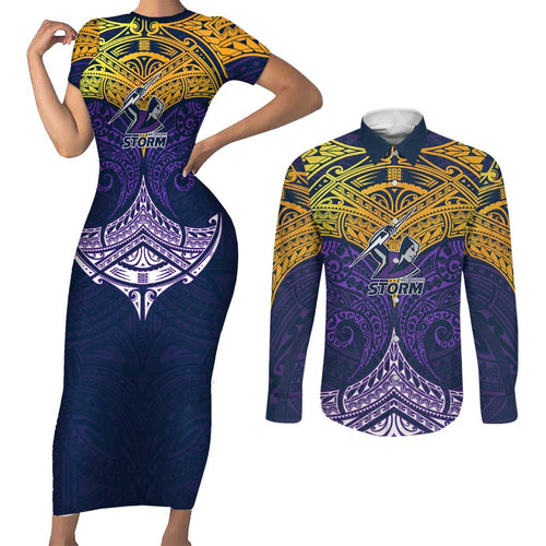 Personalized Melbourne Storm Couples Matching Short Sleeve Bodycon Dress and Long Sleeve Button Shirt Polynesian Tribal Pattern Style