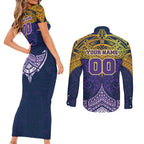 Personalized Melbourne Storm Couples Matching Short Sleeve Bodycon Dress and Long Sleeve Button Shirt Polynesian Tribal Pattern Style