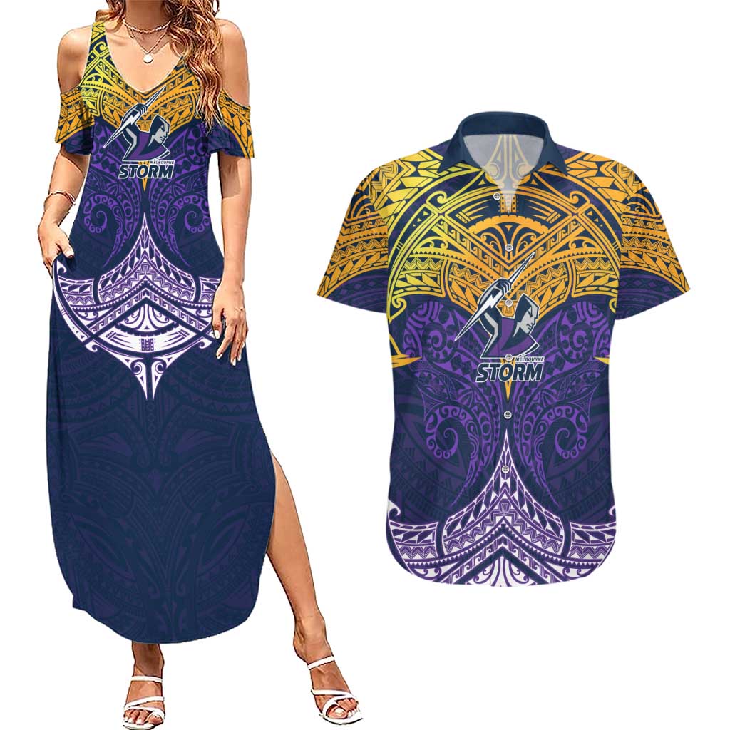 Personalized Melbourne Storm Couples Matching Summer Maxi Dress and Hawaiian Shirt Polynesian Tribal Pattern Style
