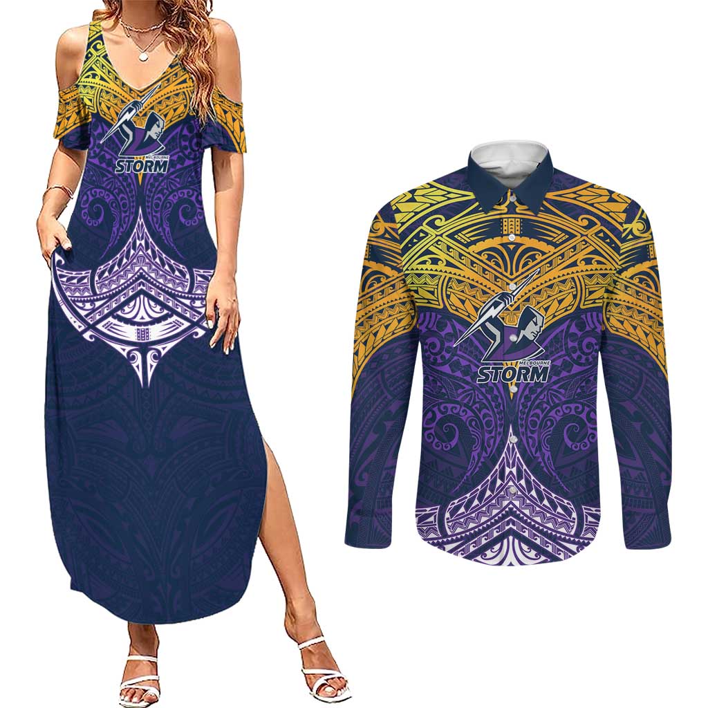 Personalized Melbourne Storm Couples Matching Summer Maxi Dress and Long Sleeve Button Shirt Polynesian Tribal Pattern Style