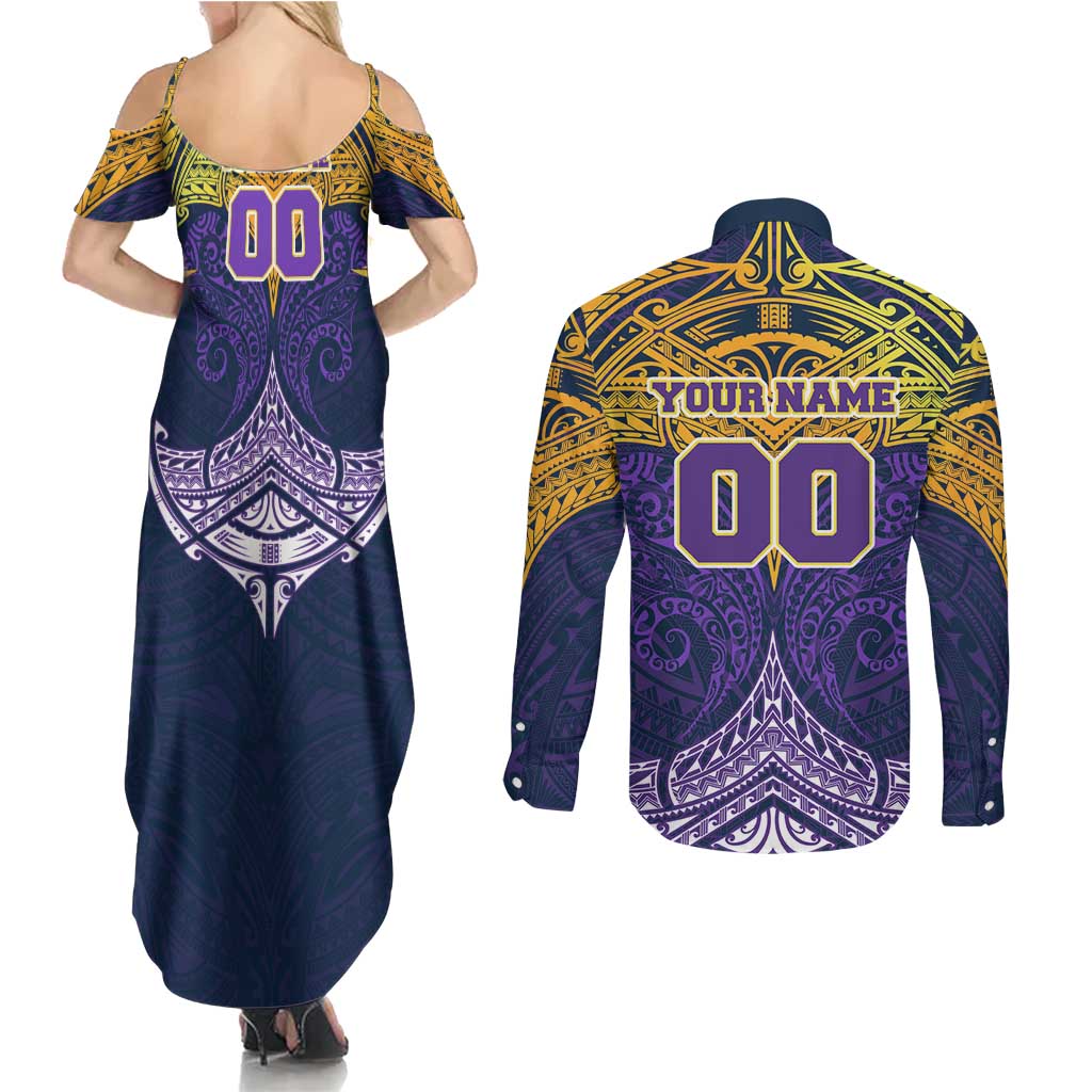 Personalized Melbourne Storm Couples Matching Summer Maxi Dress and Long Sleeve Button Shirt Polynesian Tribal Pattern Style