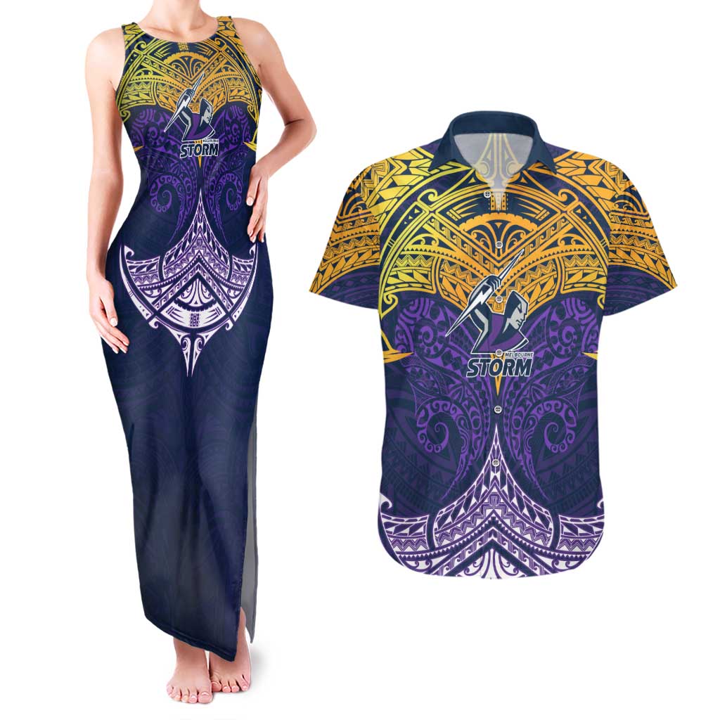 Personalized Melbourne Storm Couples Matching Tank Maxi Dress and Hawaiian Shirt Polynesian Tribal Pattern Style