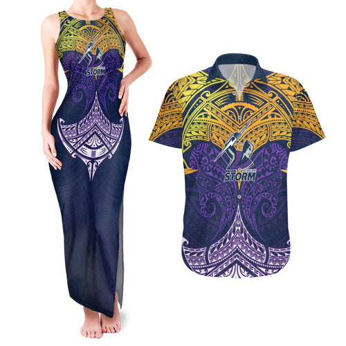 Personalized Melbourne Storm Couples Matching Tank Maxi Dress and Hawaiian Shirt Polynesian Tribal Pattern Style