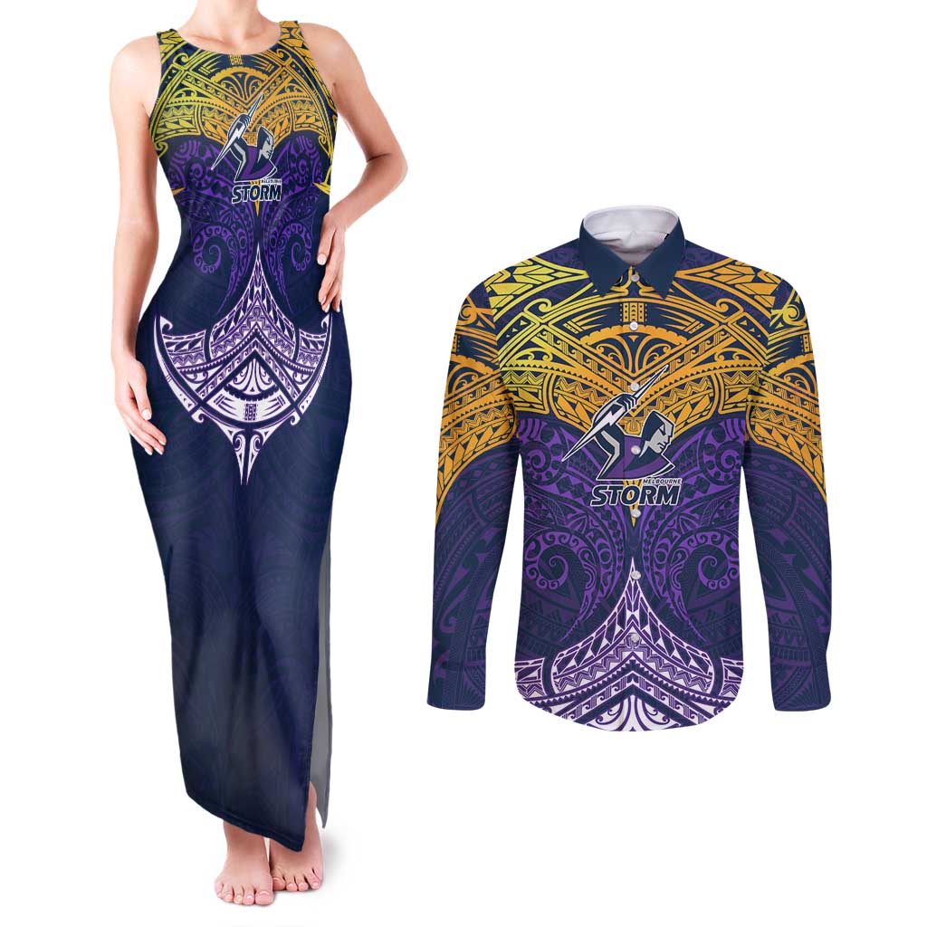 Personalized Melbourne Storm Couples Matching Tank Maxi Dress and Long Sleeve Button Shirt Polynesian Tribal Pattern Style