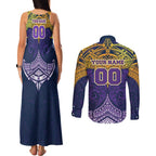 Personalized Melbourne Storm Couples Matching Tank Maxi Dress and Long Sleeve Button Shirt Polynesian Tribal Pattern Style