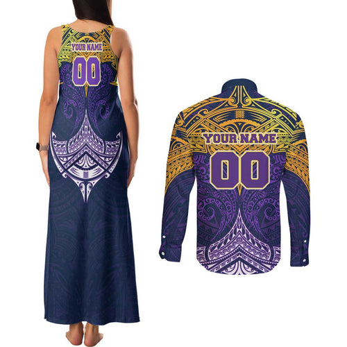 Personalized Melbourne Storm Couples Matching Tank Maxi Dress and Long Sleeve Button Shirt Polynesian Tribal Pattern Style