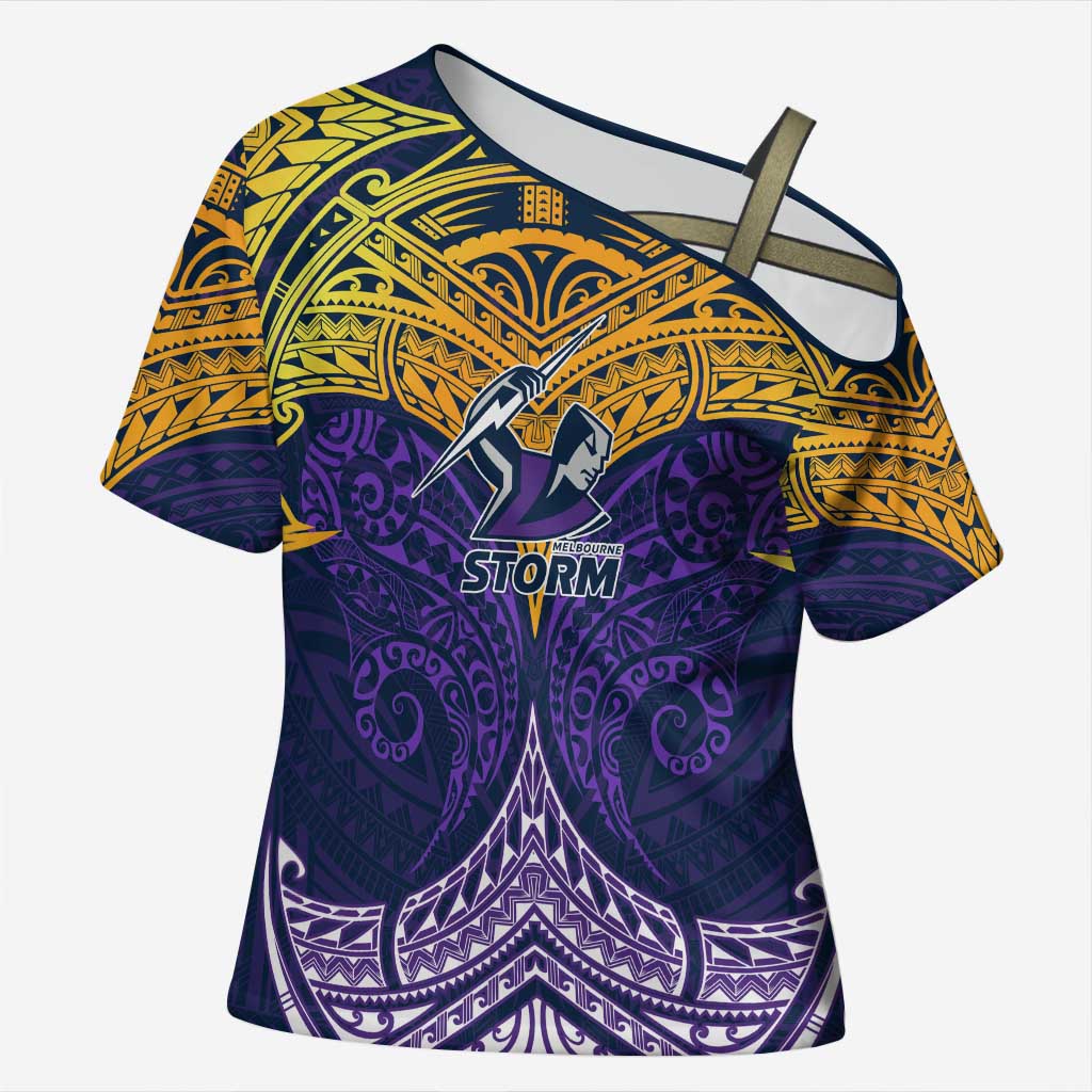 Personalized Melbourne Storm Cross Shoulder Shirt Polynesian Tribal Pattern Style