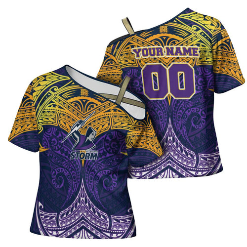 Personalized Melbourne Storm Cross Shoulder Shirt Polynesian Tribal Pattern Style