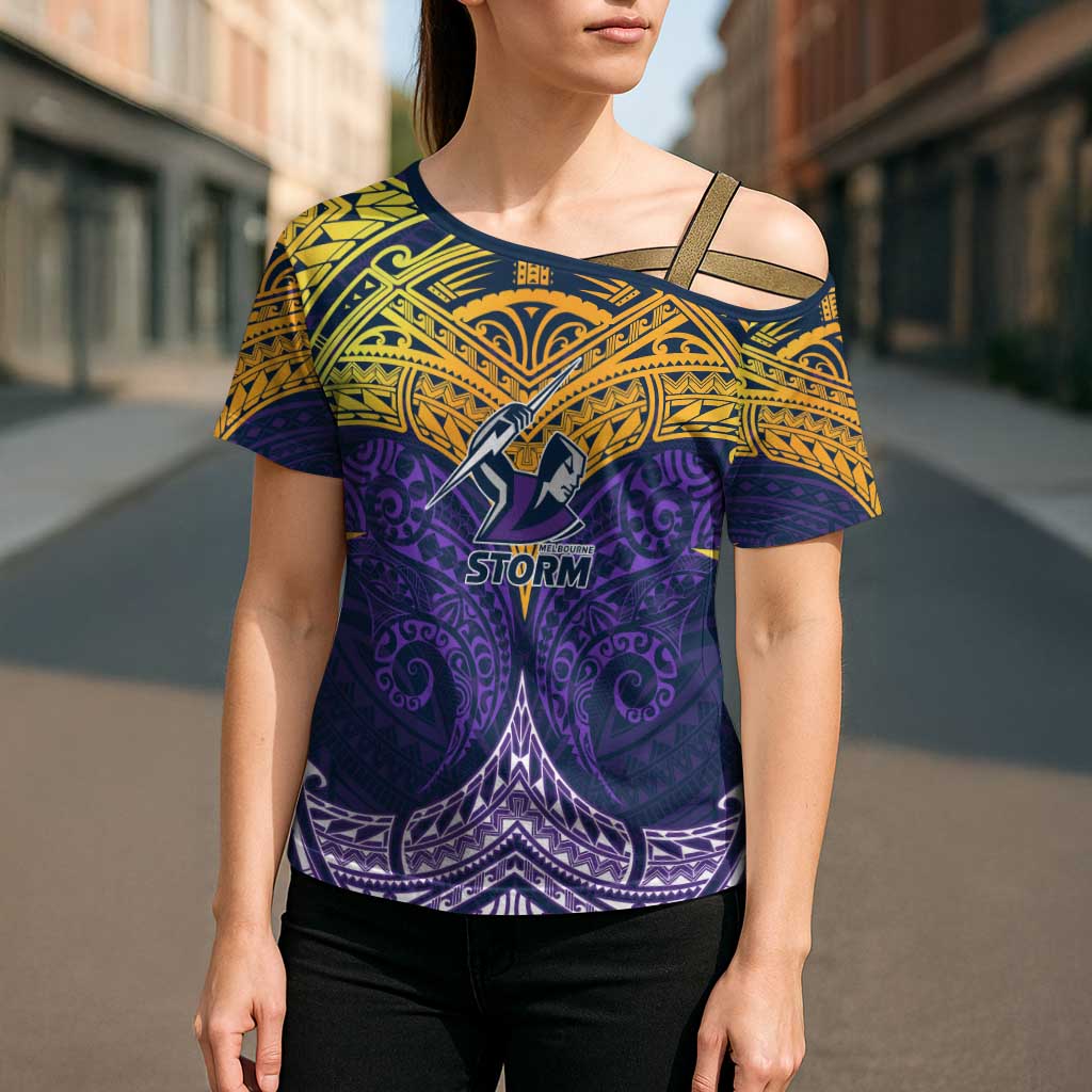 Personalized Melbourne Storm Cross Shoulder Shirt Polynesian Tribal Pattern Style