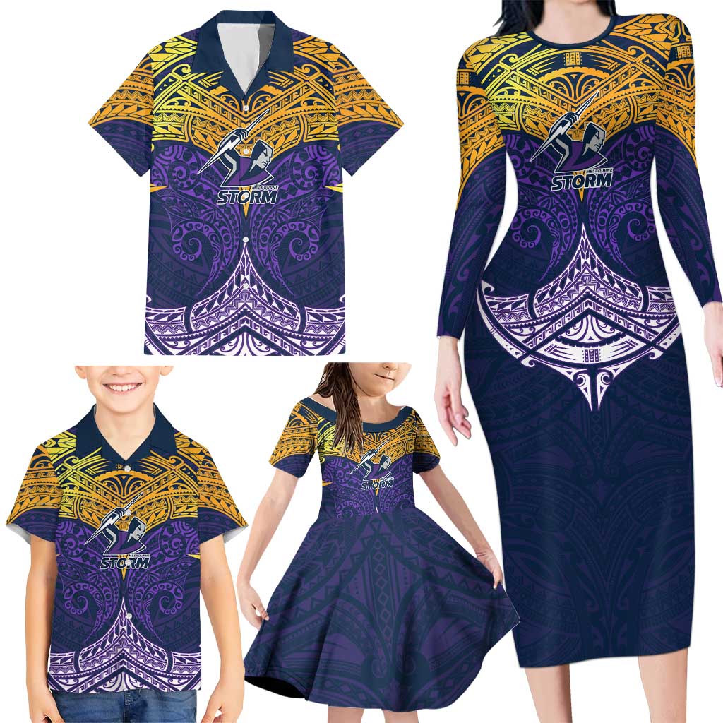 Personalized Melbourne Storm Family Matching Long Sleeve Bodycon Dress and Hawaiian Shirt Polynesian Tribal Pattern Style