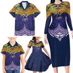 Personalized Melbourne Storm Family Matching Long Sleeve Bodycon Dress and Hawaiian Shirt Polynesian Tribal Pattern Style