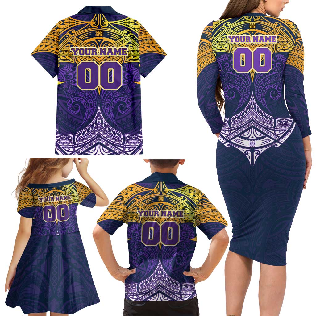 Personalized Melbourne Storm Family Matching Long Sleeve Bodycon Dress and Hawaiian Shirt Polynesian Tribal Pattern Style