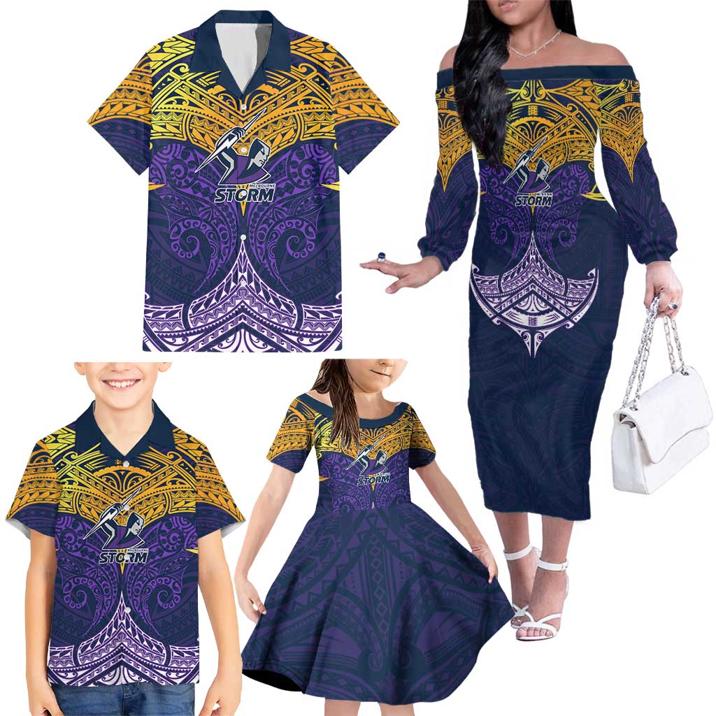 Personalized Melbourne Storm Family Matching Off The Shoulder Long Sleeve Dress and Hawaiian Shirt Polynesian Tribal Pattern Style