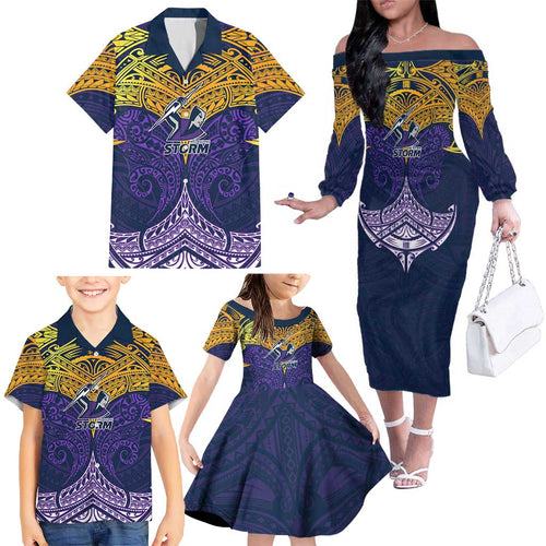 Personalized Melbourne Storm Family Matching Off The Shoulder Long Sleeve Dress and Hawaiian Shirt Polynesian Tribal Pattern Style