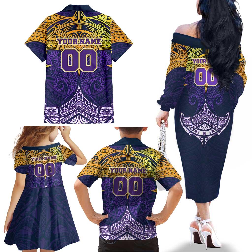 Personalized Melbourne Storm Family Matching Off The Shoulder Long Sleeve Dress and Hawaiian Shirt Polynesian Tribal Pattern Style