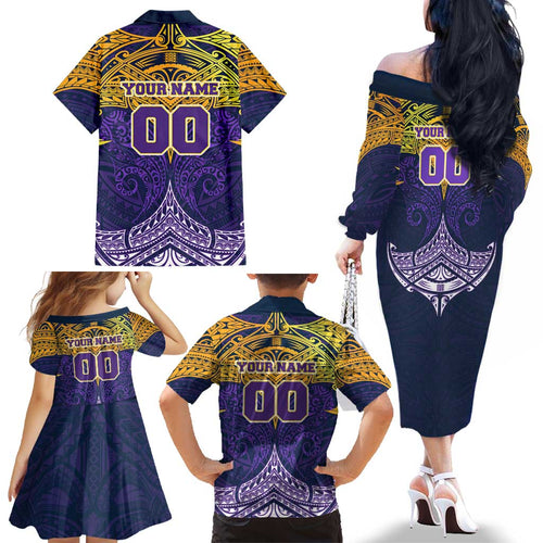 Personalized Melbourne Storm Family Matching Off The Shoulder Long Sleeve Dress and Hawaiian Shirt Polynesian Tribal Pattern Style