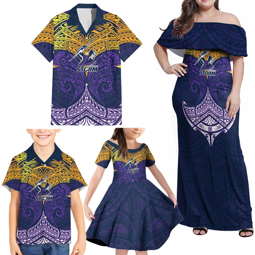 Personalized Melbourne Storm Family Matching Off Shoulder Maxi Dress and Hawaiian Shirt Polynesian Tribal Pattern Style
